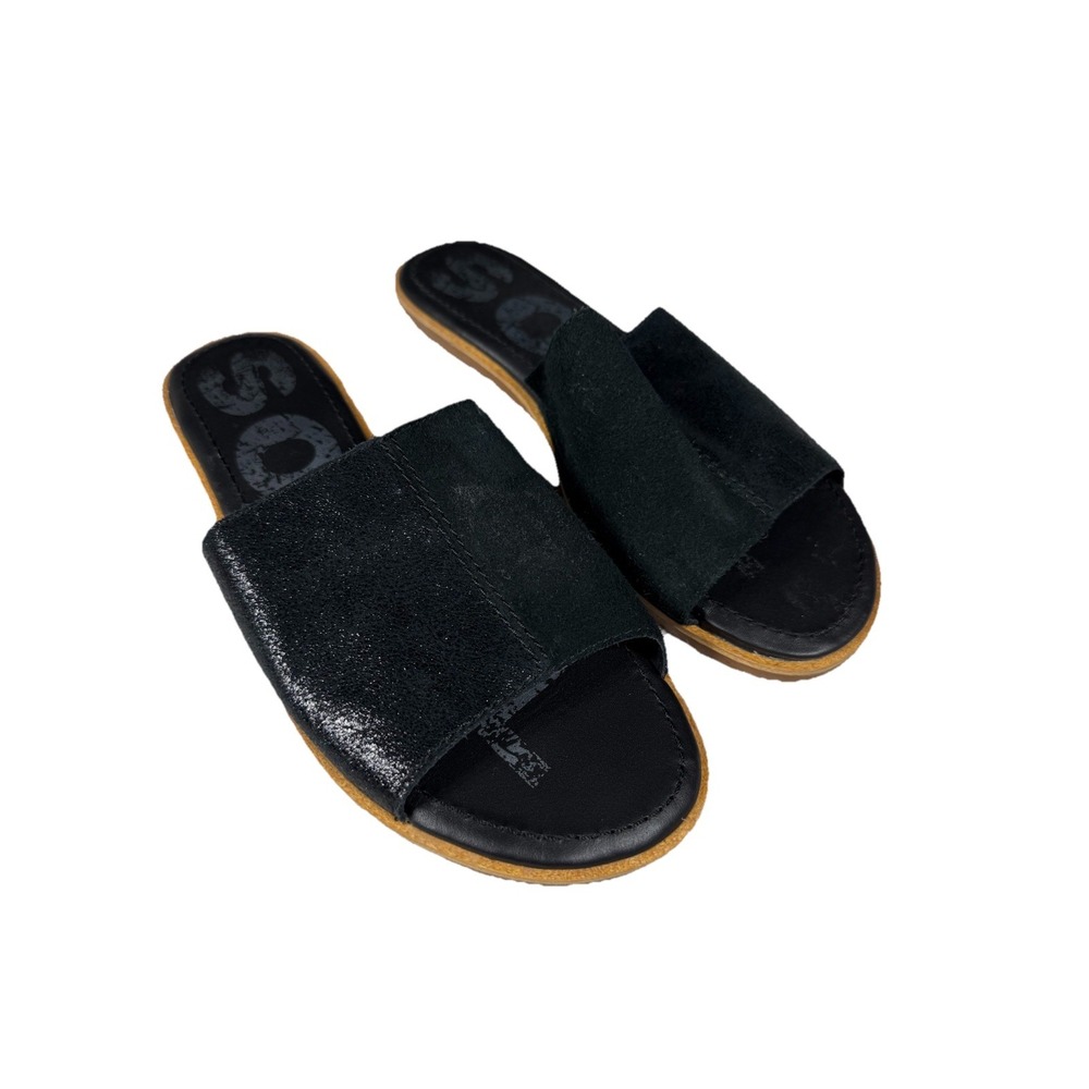SORELSandals Women's Size 8.5 Ella Block Slide Black Leather Suede EVA Footbed